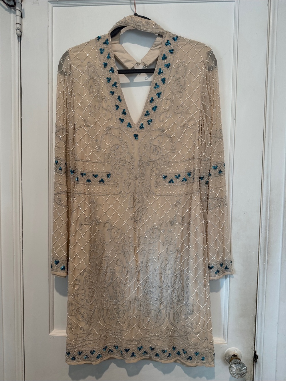 Vintage Beige Long Sleeve Tunic Dress with Teal Embellishment
